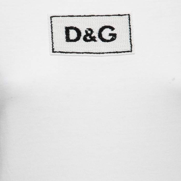 Pre Owned Dolce & Gabbana White Cotton Sequined Logo Patch T-Shirt XS