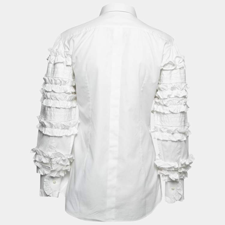 Pre Owned Dolce & Gabbana White Cotton Poplin Ruffled Button-Front Shirt S