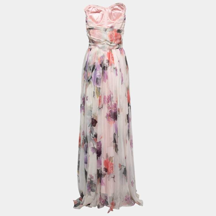 Pre Owned Dolce & Gabbana White Floral Printed Silk Ruched Strapless Gown S