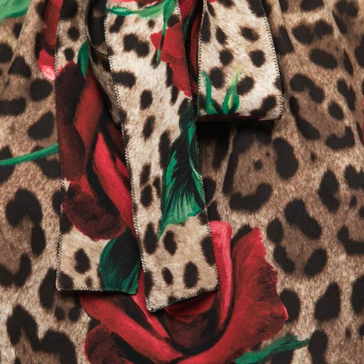 Pre Owned Dolce & Gabbana Brown Floral Animal Print Silk Tie Neck Blouse M