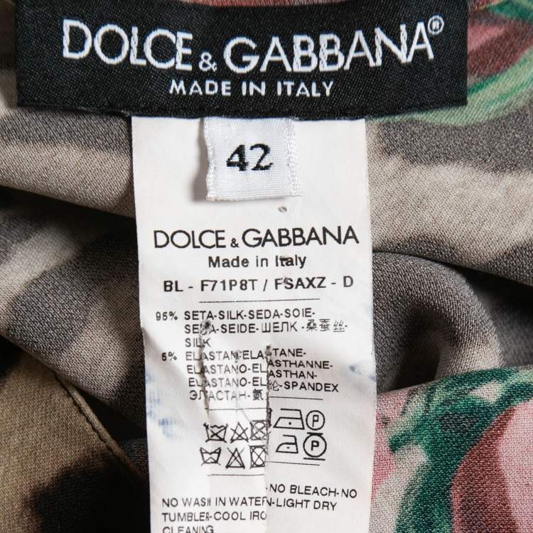 Pre Owned Dolce & Gabbana Brown Floral Animal Print Silk Tie Neck Blouse M