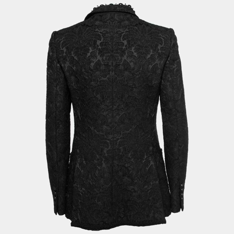 Pre Owned Dolce & Gabbana Black Floral Jacquard Lace Trim Blazer M