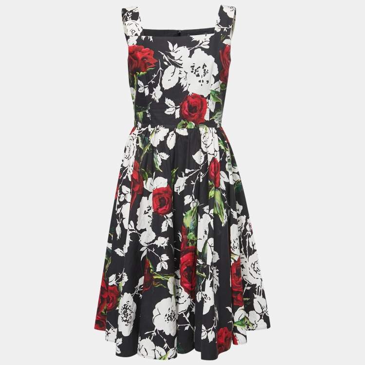 Pre Owned Dolce & Gabbana Black Floral Printed Cotton Flared Midi Dress M