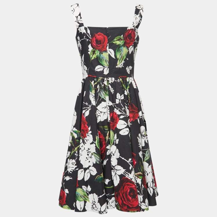 Pre Owned Dolce & Gabbana Black Floral Printed Cotton Flared Midi Dress M
