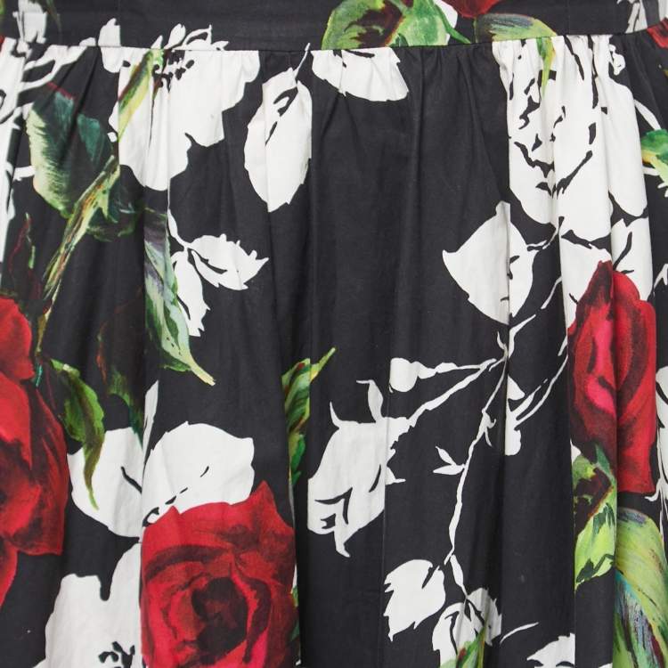 Pre Owned Dolce & Gabbana Black Floral Printed Cotton Flared Midi Dress M