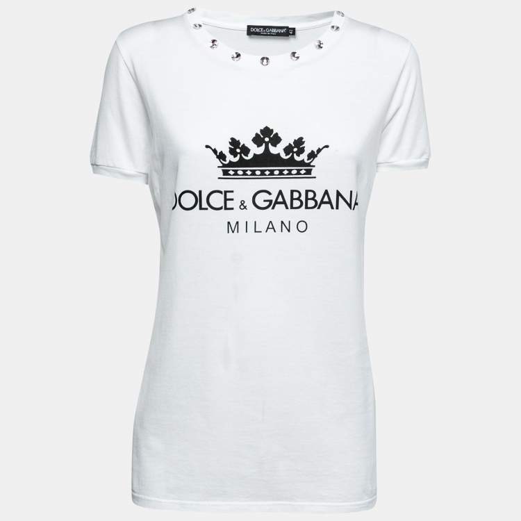 مملوكة مسبقًا Dolce & Gabbana White Cotton Logo Print Rhinestone T-Shirt M