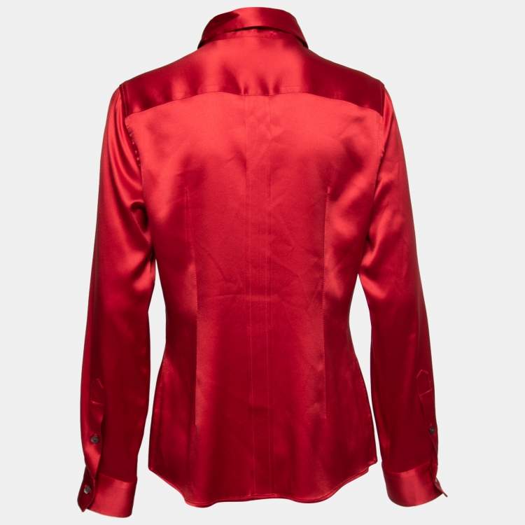 Pre Owned Dolce & Gabbana Red Stretch Silk Satin Button Front Shirt L