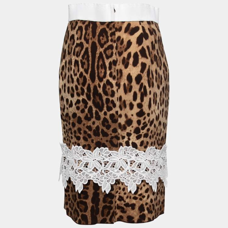 مملوكة مسبقًا Dolce & Gabbana Brown Leopard Print Silk Lace Trimmed Skirt M