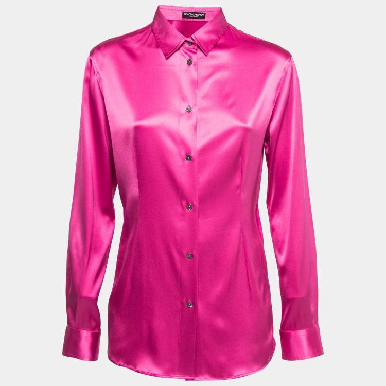 Pre Owned Dolce & Gabbana Pink Stretch Silk Satin Button Front Shirt L