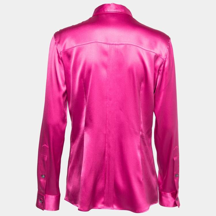Pre Owned Dolce & Gabbana Pink Stretch Silk Satin Button Front Shirt L