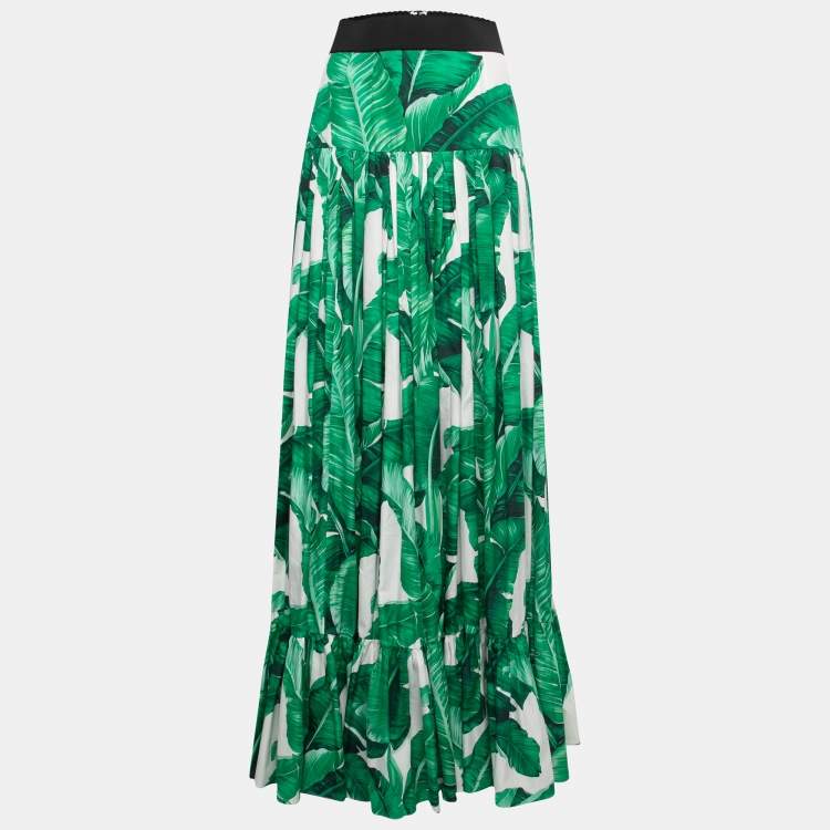 Pre Owned Dolce & Gabbana Green Palm Print Cotton Ruffled Maxi Skirt S