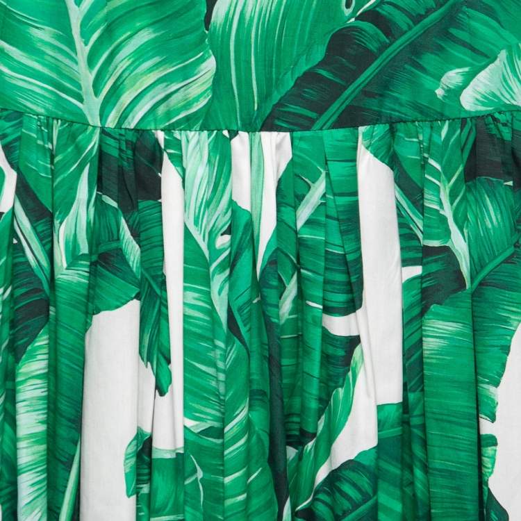 Pre Owned Dolce & Gabbana Green Palm Print Cotton Ruffled Maxi Skirt S
