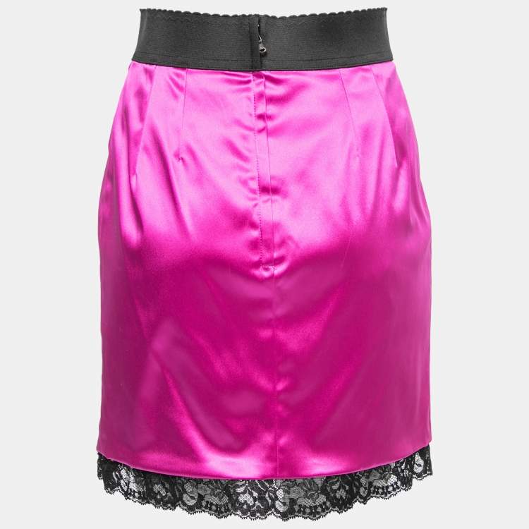 Pre Owned Dolce & Gabbana Magenta Pink Stretch Satin Lace Trim Mini Skirt S