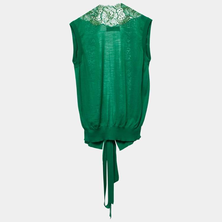 Pre Owned Dolce & Gabbana Green Wool & Lace Trimmed Sleeveless Wrap Top L