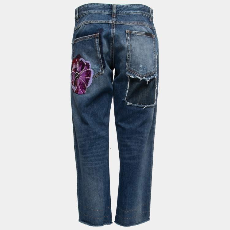 Pre Owned Dolce & Gabbana Inigo Denim Patchwork Frayed Crop Jeans M