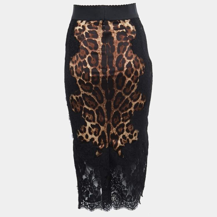 Pre Owned Dolce & Gabbana Brown Leopard Print Silk & Lace Pencil Skirt XS