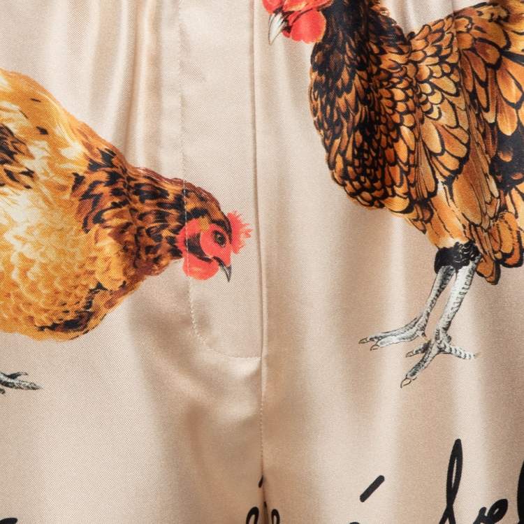 Pre Owned Dolce & Gabbana Beige Hen Printed Silk Pajama Trousers S