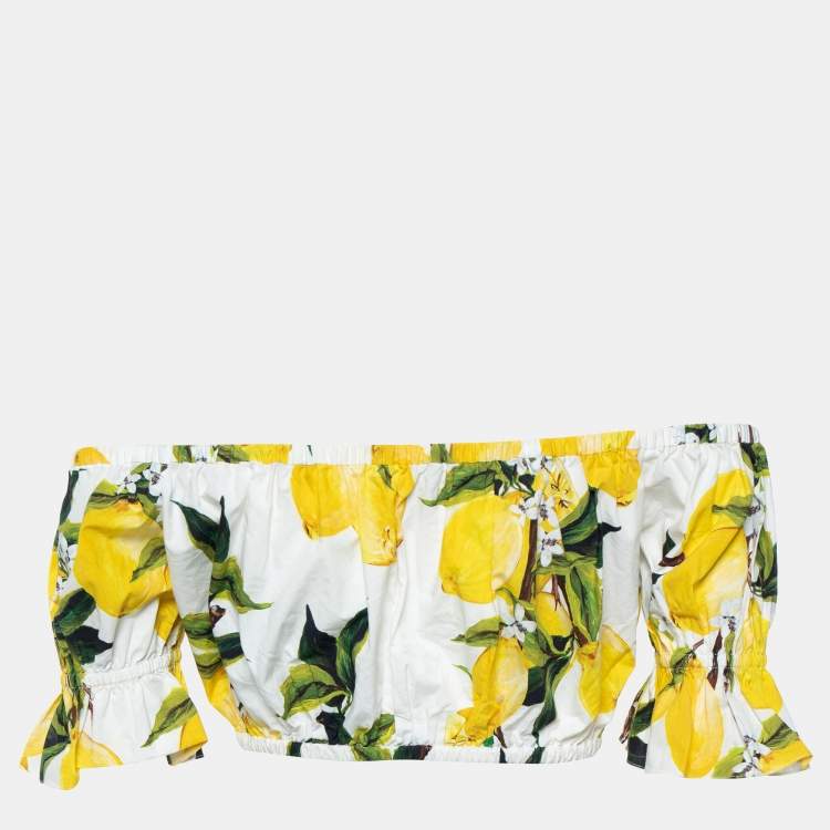 Pre Owned Dolce & Gabbana Yellow Lemon Printed Cotton Off Shoulder Crop Top S