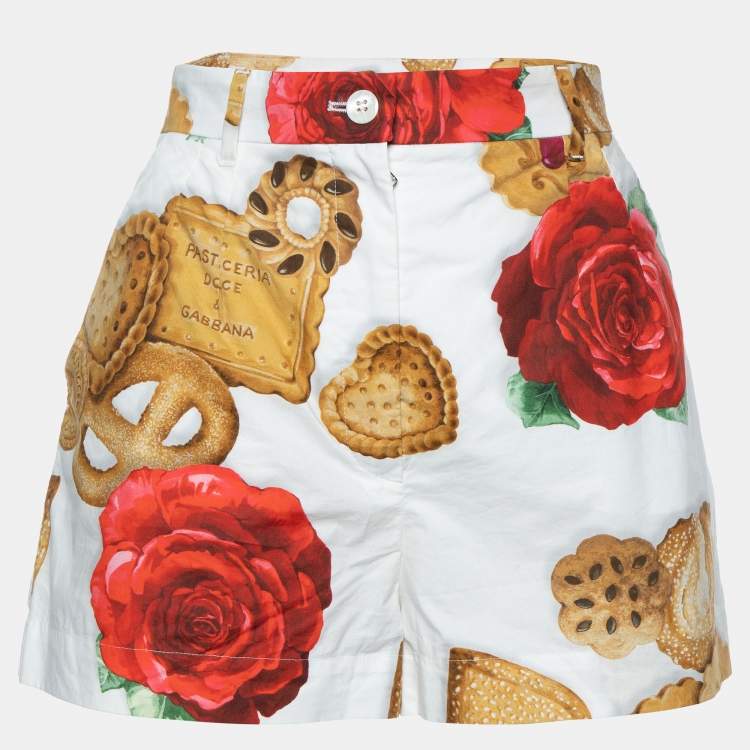 Pre Owned Dolce & Gabbana White Cookie & Rose Printed Cotton Short S