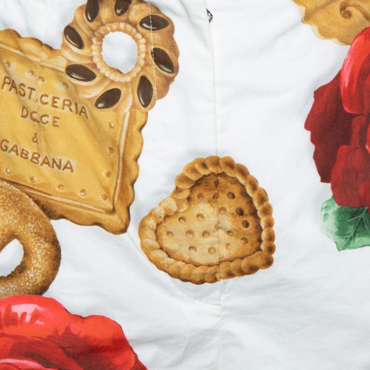 Pre Owned Dolce & Gabbana White Cookie & Rose Printed Cotton Short S