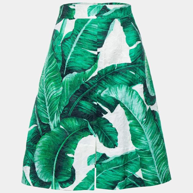 Pre Owned Dolce & Gabbana Green Banana Leaf Printed Cotton Jacquard Skirt M