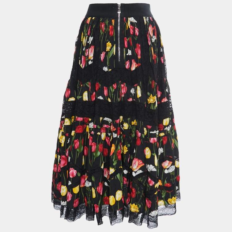 مملوكة مسبقًا Dolce & Gabbana Black Tulip Print Silk Lace Trim Flared Skirt L