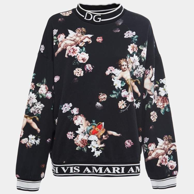 Pre Owned Dolce & Gabbana Black Jersey Floral And Angel Print Long Sleeve Sweatshirt M