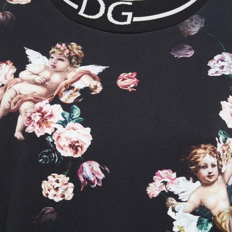 Pre Owned Dolce & Gabbana Black Jersey Floral And Angel Print Long Sleeve Sweatshirt M