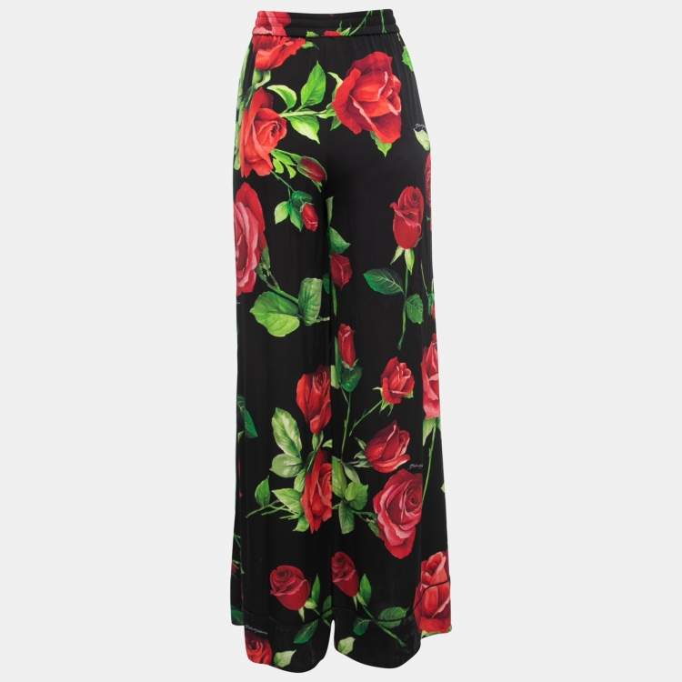 Pre Owned Dolce & Gabbana Black/Red Floral Print Silk Palazzo Pants M