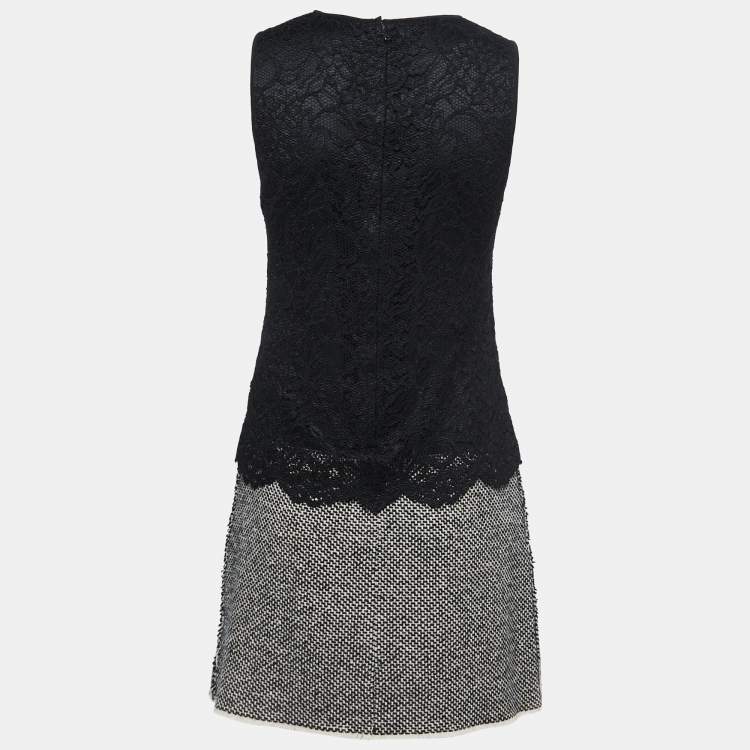 Pre Owned Dolce & Gabbana Black Tweed & Lace Overlay Sleeveless Shift Dress S