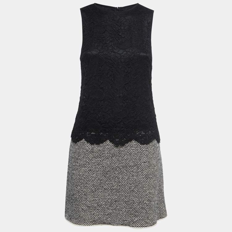 Pre Owned Dolce & Gabbana Black Tweed & Lace Overlay Sleeveless Shift Dress S