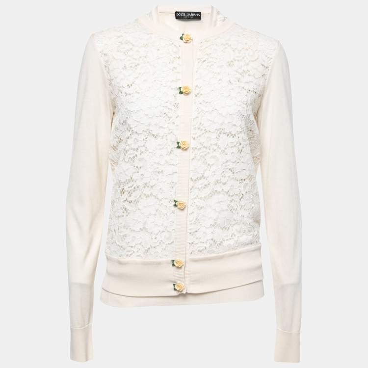 Pre Owned Dolce & Gabbana Cream Lace & Knit Rose-Button Cardigan & Top Set M