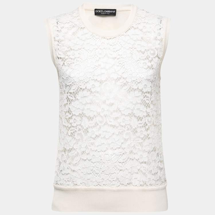Pre Owned Dolce & Gabbana Cream Lace & Knit Rose-Button Cardigan & Top Set M