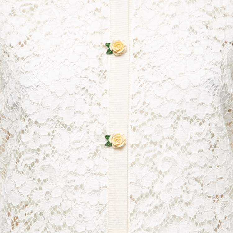 Pre Owned Dolce & Gabbana Cream Lace & Knit Rose-Button Cardigan & Top Set M