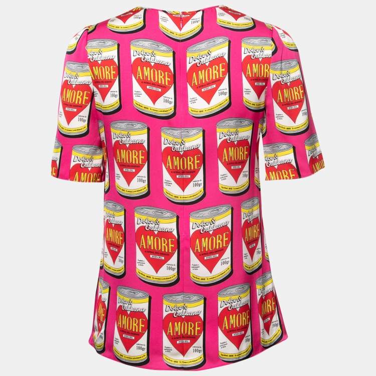 مملوكة مسبقًا Dolce & Gabbana Pink Silk Amore Soup Can Short Sleeve Top M