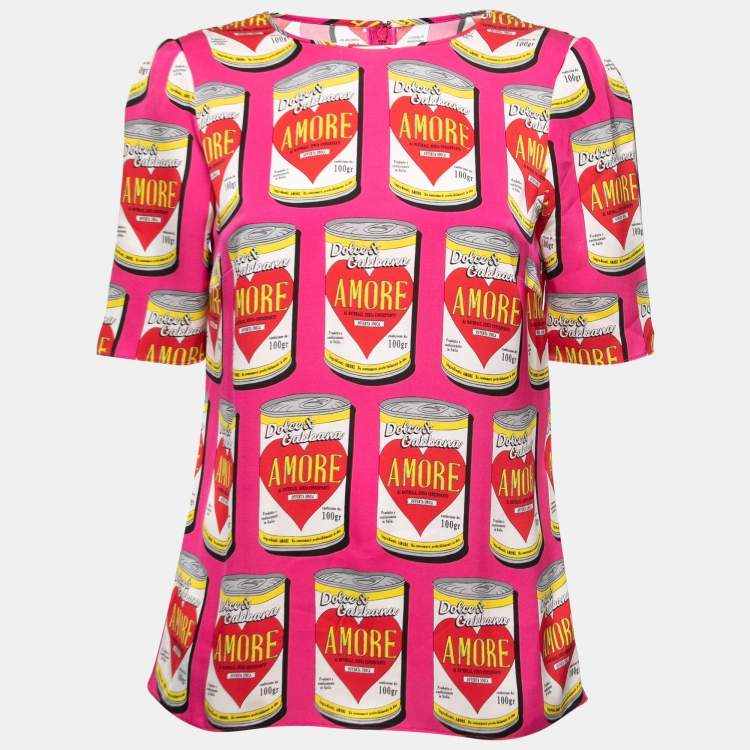 مملوكة مسبقًا Dolce & Gabbana Pink Silk Amore Soup Can Short Sleeve Top M