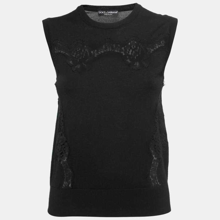 Pre Owned Dolce & Gabbana Black Lace-Trim Sleeveless Knit Top M