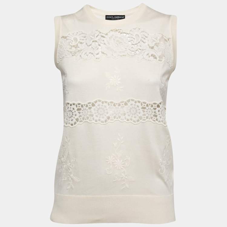 مملوكة مسبقًا Dolce & Gabbana Cream Lace-Trim Sleeveless Knit Top M