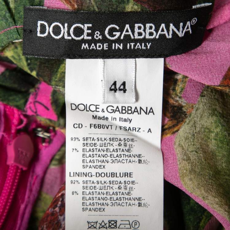 Pre Owned Dolce & Gabbana Pink Fig Print Silk Tie-Neck Midi Dress M