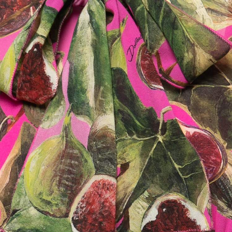 Pre Owned Dolce & Gabbana Pink Fig Print Silk Tie-Neck Midi Dress M