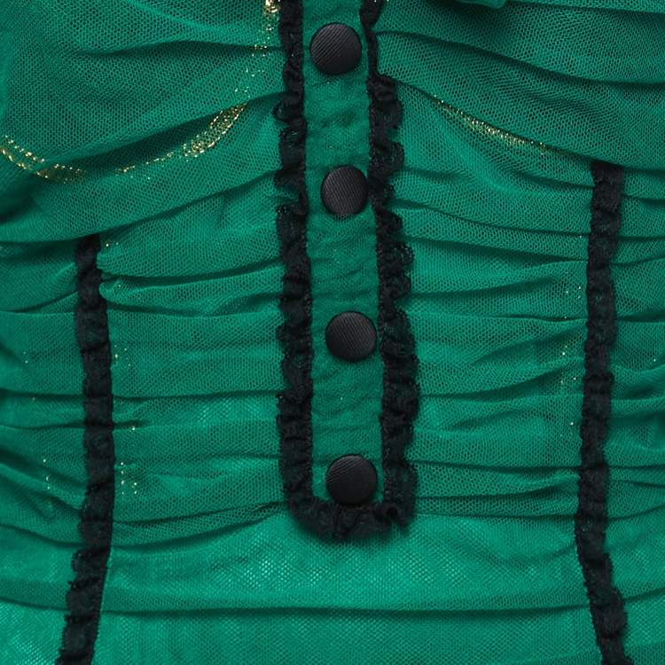Pre Owned Dolce & Gabbana Green Ruched Tulle Lace Trimmed Gown M