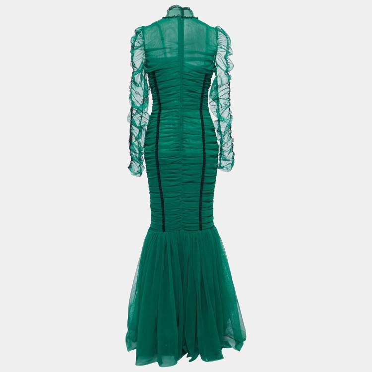 Pre Owned Dolce & Gabbana Green Ruched Tulle Lace Trimmed Gown M