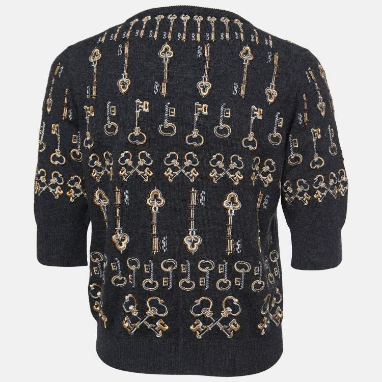 Pre Owned Dolce & Gabbana Grey Cashmere Embroidered Keys Buttoned Cardigan S