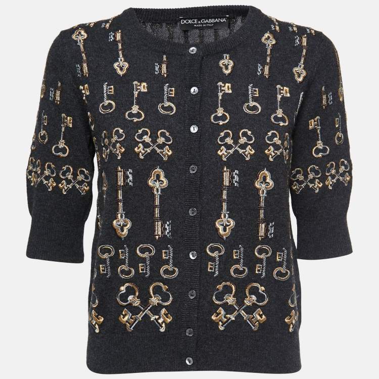 Pre Owned Dolce & Gabbana Grey Cashmere Embroidered Keys Buttoned Cardigan S