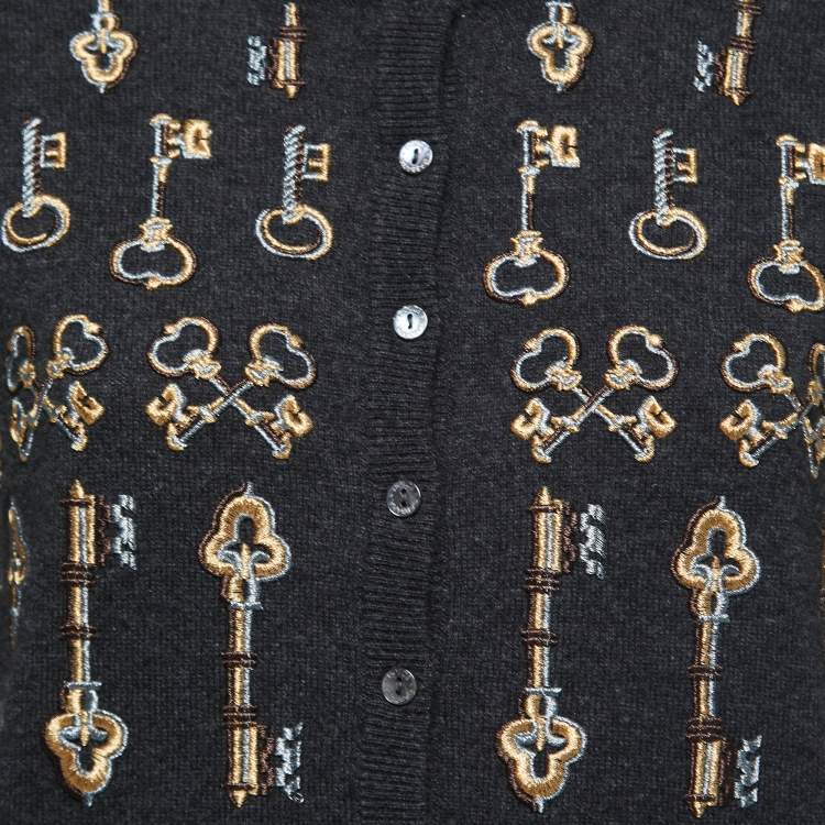 Pre Owned Dolce & Gabbana Grey Cashmere Embroidered Keys Buttoned Cardigan S