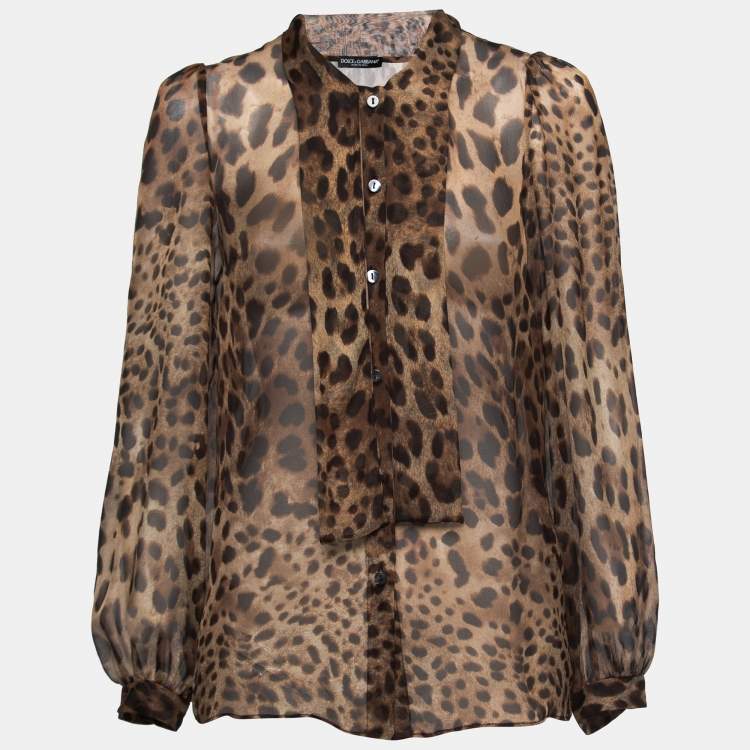 Pre Owned Dolce & Gabbana Brown Animal Printed Silk Tie-Neck Blouse S