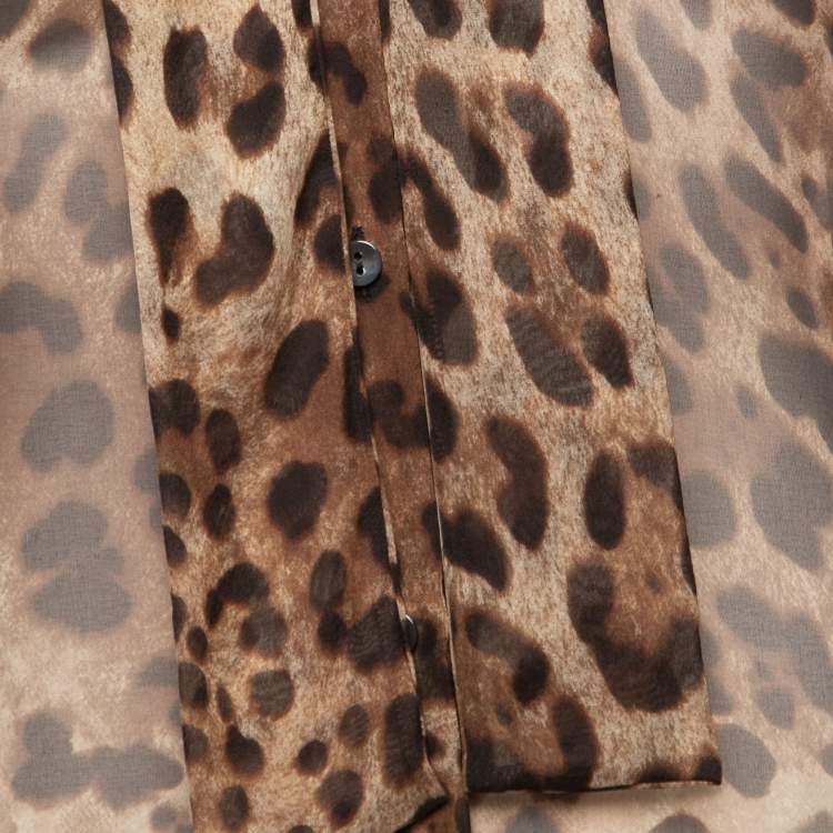 Pre Owned Dolce & Gabbana Brown Animal Printed Silk Tie-Neck Blouse S