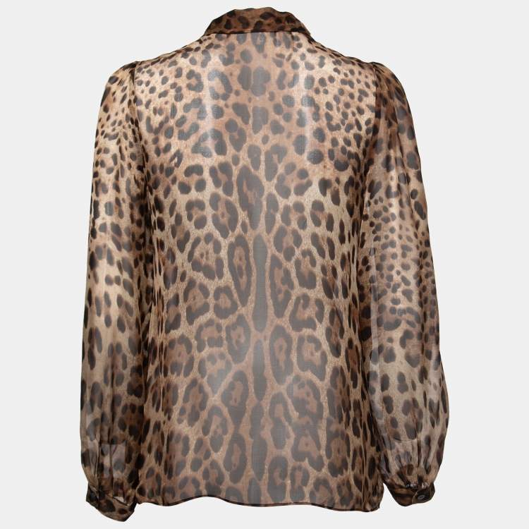 Pre Owned Dolce & Gabbana Brown Animal Printed Silk Tie-Neck Blouse S