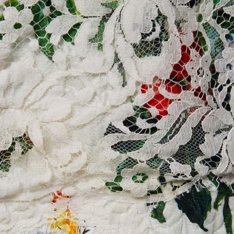 Pre Owned Dolce & Gabbana White Floral Jacquard Lace-Trimmed Skirt S