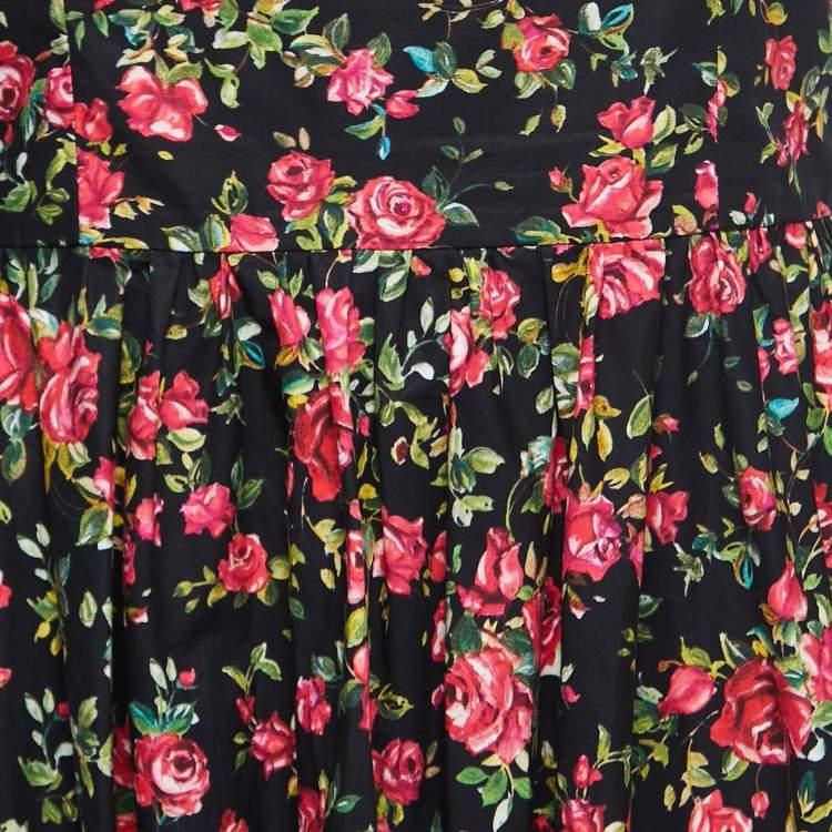 Pre Owned Dolce & Gabbana Black Rose Printed Cotton Flared Midi Dress M